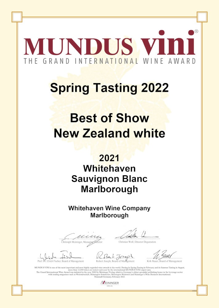 2021 Whitehaven Sauvignon Blanc Mundus Vini Award Best of Show