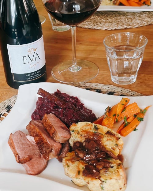 Eva Pemper Pinot Noir with Duck Breast, red cabbage and bread dumplings