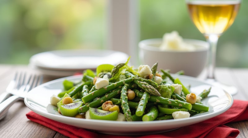 Rezeptidee Spargelzeit Cellardoor24 Neuseeländischer Spargelsalat mit grünem Spargel, Ziegenkäse und Kiwi-Dressing