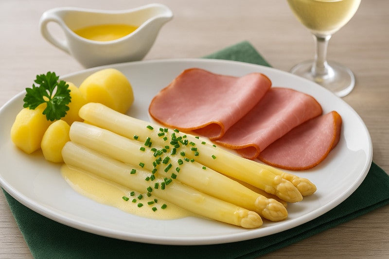 Cellardoor24 Rezeptidee Spargel und Wein Weißer Spargel mit Salzkartoffeln und Schinken